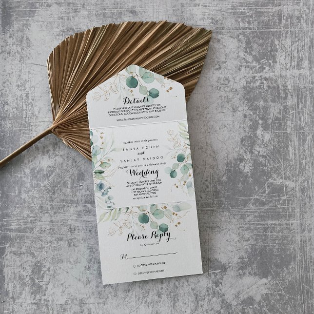 Invitation Tout En Un Mariage Floral Rustique Eucalyptus Gold (Créateur téléchargé)