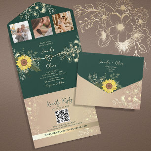 Invitation Tout En Un Mariage Floral Rustique Tournesol Vert Émeraude