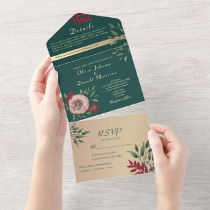 Invitation Tout En Un Mariage Floral Rustique Vert Emeraude