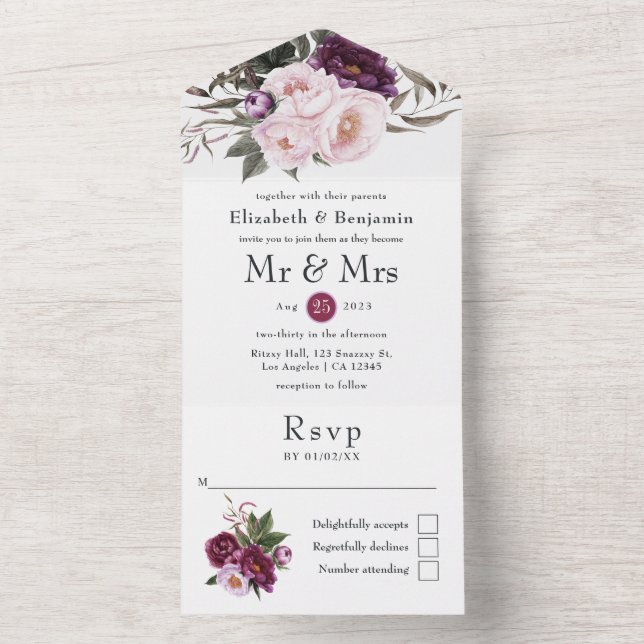 Invitation Tout En Un Mariage floral velours profond (À l'intérieur)