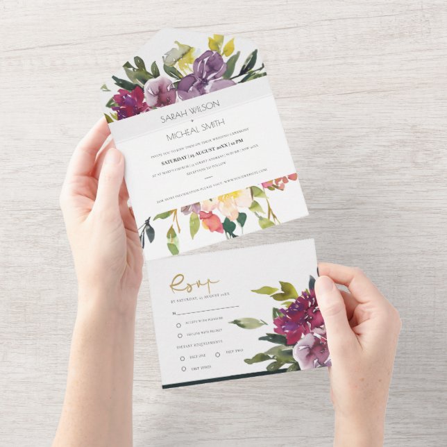 INVITATION TOUT EN UN MARIAGE FLORAL VERT CITRON ROSE POURPRE BOURGOGNE (Déchirure)