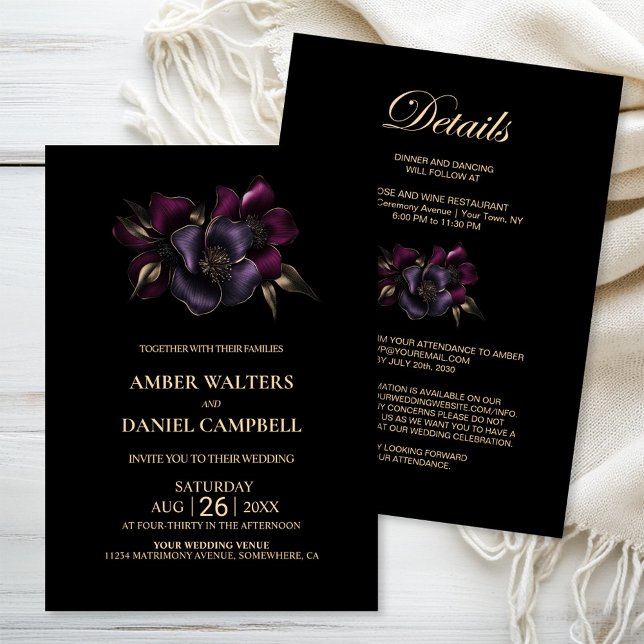 Invitation Tout en un Mariage floral violet et rose (Créateur téléchargé)