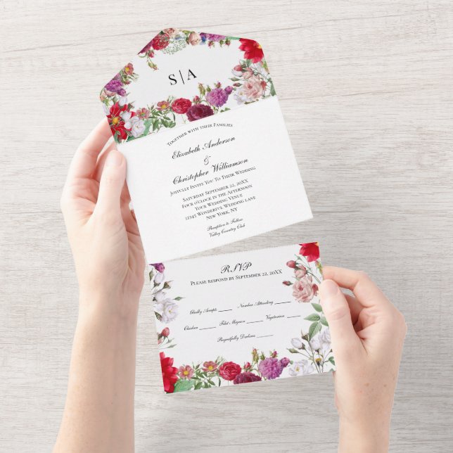 Invitation Tout En Un Mariage Floral Violet Rouge Tout en un (Déchirure)