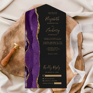 Invitation Tout En Un Mariage foncé moderne violet or Agate