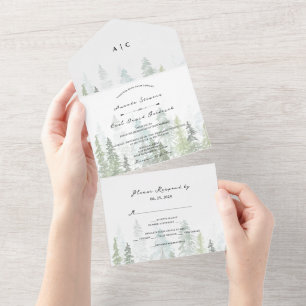Invitation Tout En Un Mariage forestier Rustique Aquarelle Pine Trees