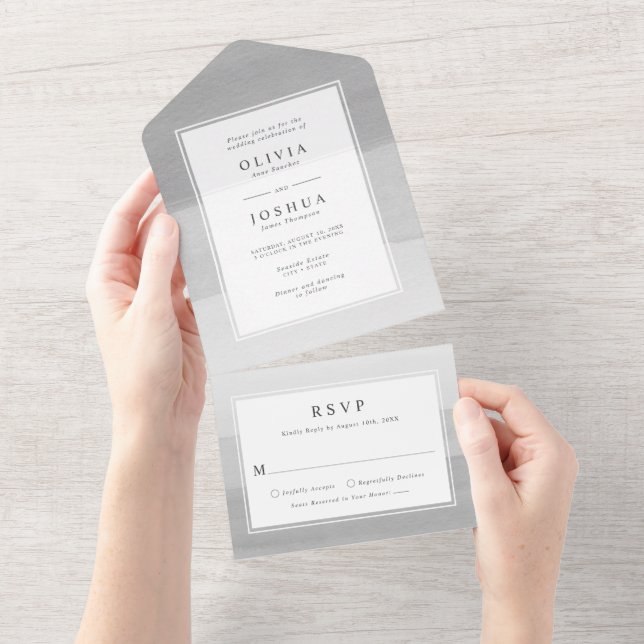 Invitation Tout En Un Mariage frontalier moderne Aquarelle Gris Ombre (Déchirure)
