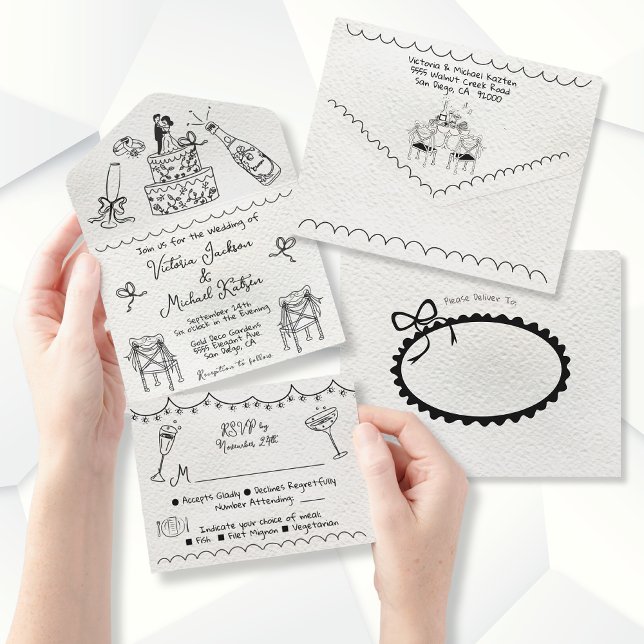 Invitation Tout En Un Mariage funky dessiné à la main avec des gribouill (Créateur téléchargé)