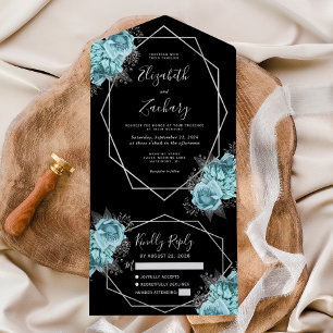 Invitation Tout En Un Mariage Géométrique Floral Argent Aqua Noir
