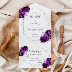 Invitation Tout En Un Mariage Géométrique Floral Argenté Blanc Prune