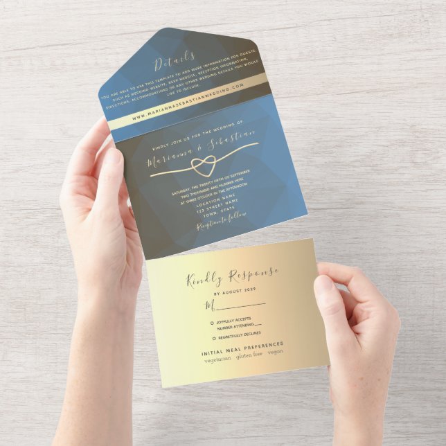 Invitation Tout En Un Mariage géométrique moderne bleu et or (Déchirure)