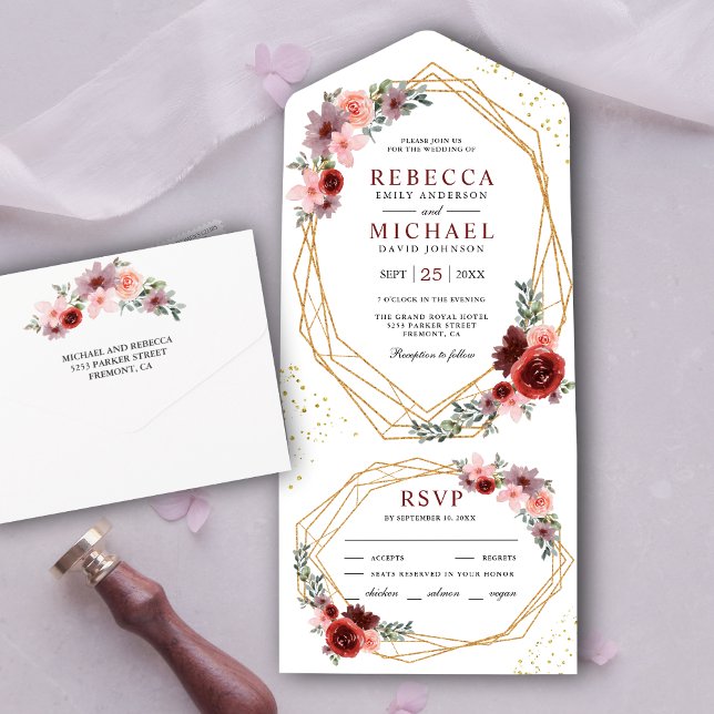 Invitation Tout En Un Mariage géométrique rouge Bourgogne bleu rose (Créateur téléchargé)
