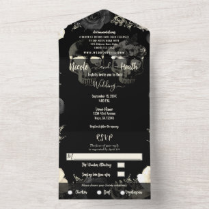 Invitation Tout En Un Mariage gothique crâne de squelette gris crème noi