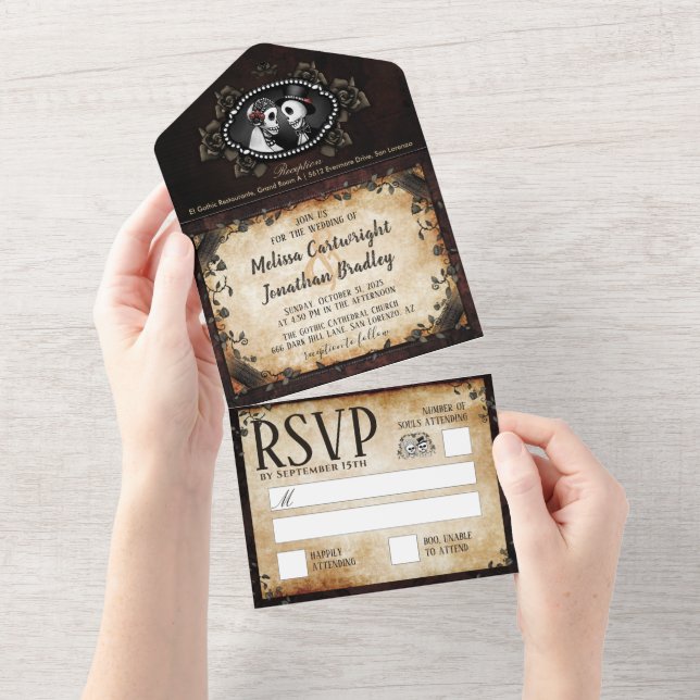 Invitation Tout En Un Mariage gothique élégant marron de squelettes (Déchirure)