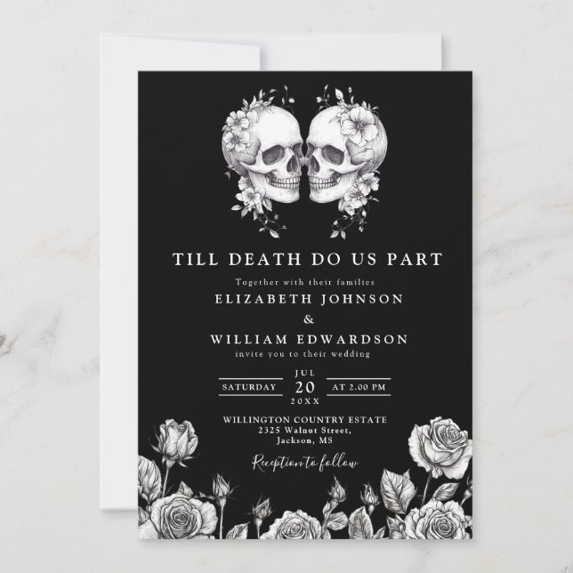 Invitation Tout en un Mariage gothique noir et blanc (Devant)