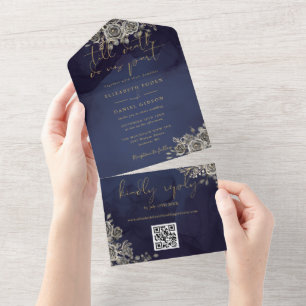 Invitation Tout En Un Mariage gothique noir et or Floral QR Code
