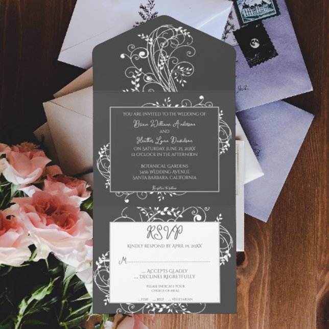Invitation Tout En Un Mariage Gray Flourdissant tout en un (Gray Flourish All in One Wedding Invite)