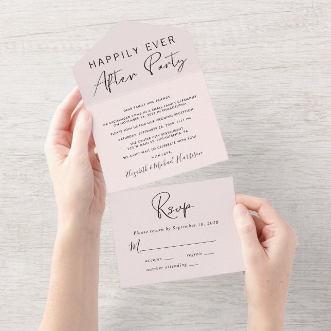 Invitation Tout En Un Mariage Heureux Jamais Après Réception Rose (Déchirure)