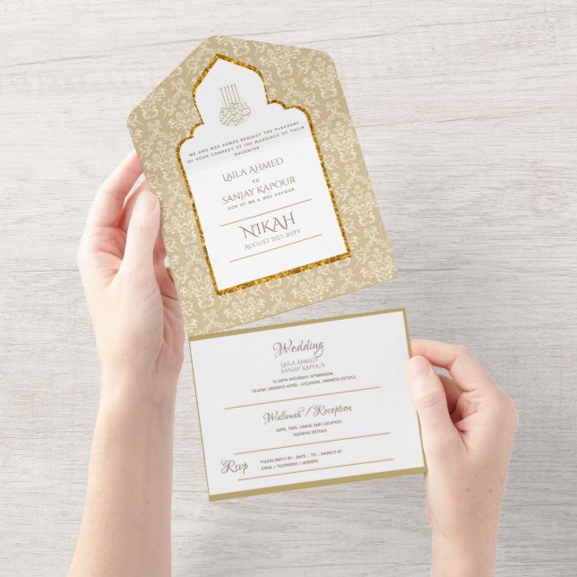 Invitation Tout En Un Mariage islamique NIKAH WALLIMAH Gold Damask (Déchirure)