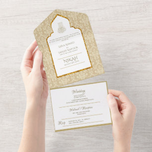 Invitation Tout En Un Mariage islamique NIKAH WALLIMAH Gold Damask
