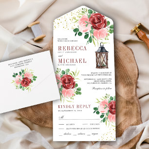 Invitation Tout En Un Mariage Lanterne Florale Rose Pâle et Bourgogne