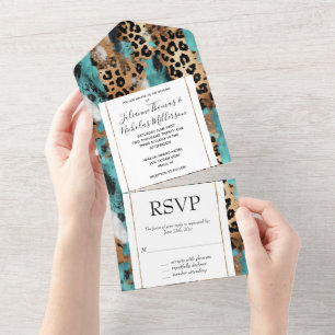 Invitation Tout En Un Mariage Léopard Noir Turquoise