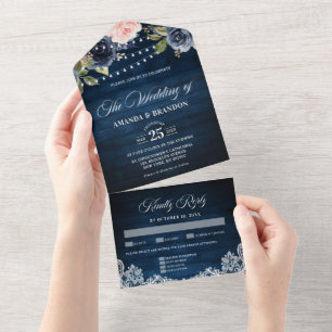 Invitation Tout En Un Mariage lumineux à cordes rustique bleu marine