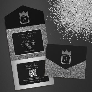 Invitation Tout En Un Mariage Luxe Argent Noir Paillettes Monogramme