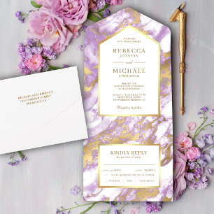 Invitation Tout En Un Mariage Marbre Lavande Pastel Feuille D'Or Fausse