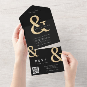Invitation Tout En Un Mariage moderne avec code QR noir et esperluette d