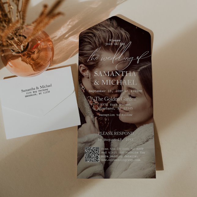 Invitation Tout En Un Mariage moderne avec code QR photo RSVP (All-in-one wedding invitation with QR code to RSVP - Simplify and save time for you and your guests.)