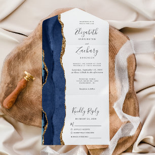 Invitation Tout En Un Mariage Moderne Bleu Nuit Agate Or