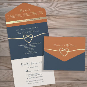 Invitation Tout En Un Mariage Moderne Bohème Bleu Nuit et Terracotta