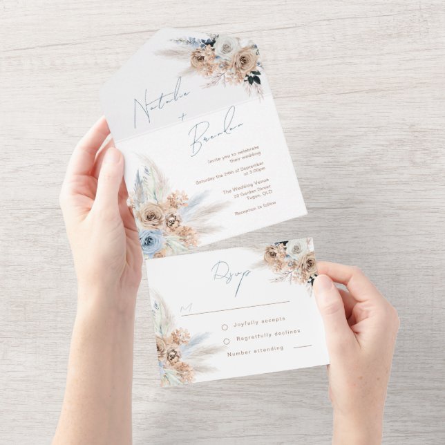 Invitation Tout En Un Mariage moderne Boho Dusty Blue Script (Déchirure)