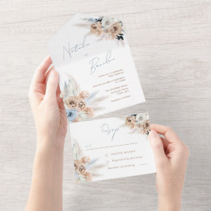 Invitation Tout En Un Mariage moderne Boho Dusty Blue Script