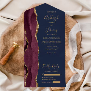 Invitation Tout En Un Mariage Moderne Bourgogne Or Agate Bleu Nuit
