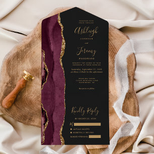 Invitation Tout En Un Mariage Moderne Burgundy Or Agate Sombre