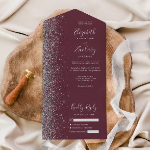Invitation Tout En Un Mariage Moderne Burgundy Pailleté Argent