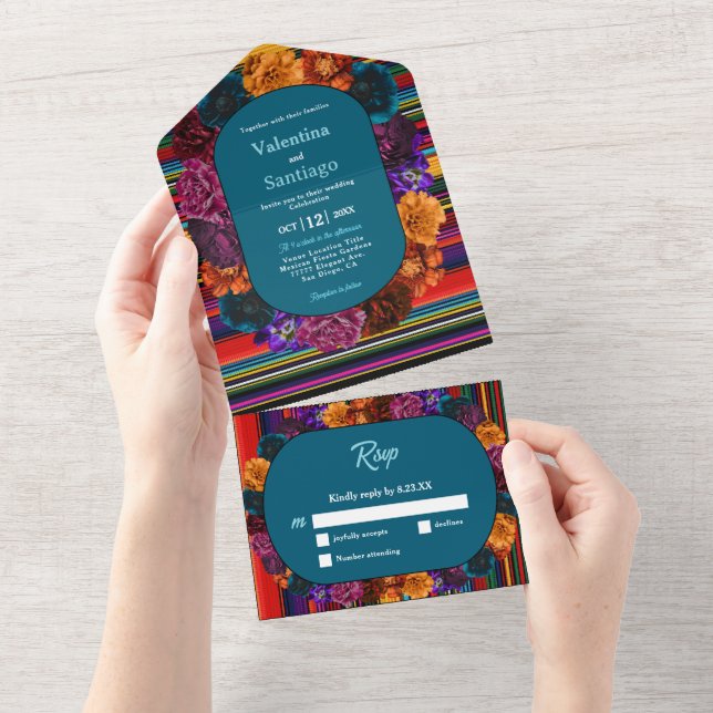 Invitation Tout En Un Mariage moderne de fleurs mexicaines (Déchirure)