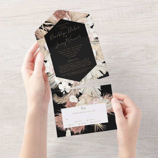 Invitation Tout En Un Mariage Moderne de Luxe Noir sur Pampas Boho Déser (Déchirure)