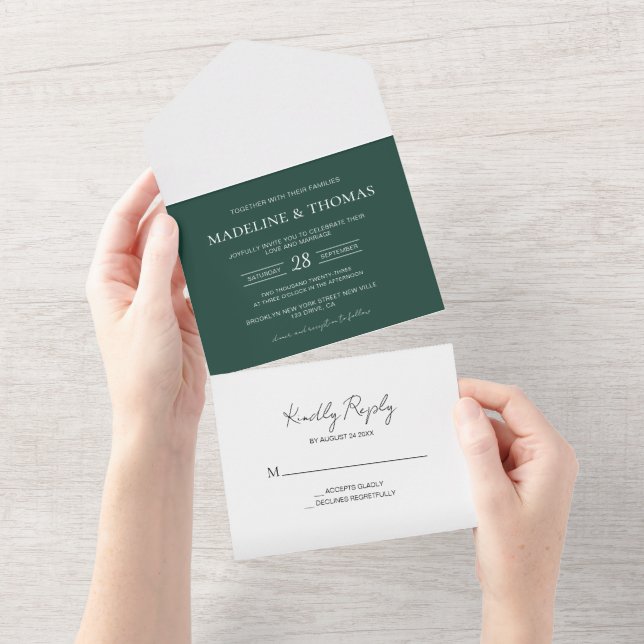 Invitation Tout En Un Mariage moderne Dusty Green 2 photo RSVP (Déchirure)