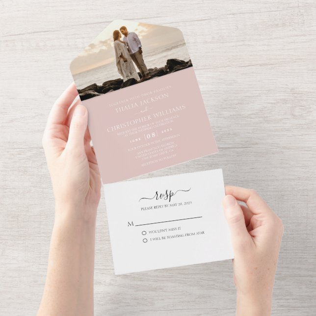 Invitation Tout En Un Mariage moderne Dusty Rose 2 photo RSVP  (Déchirure)