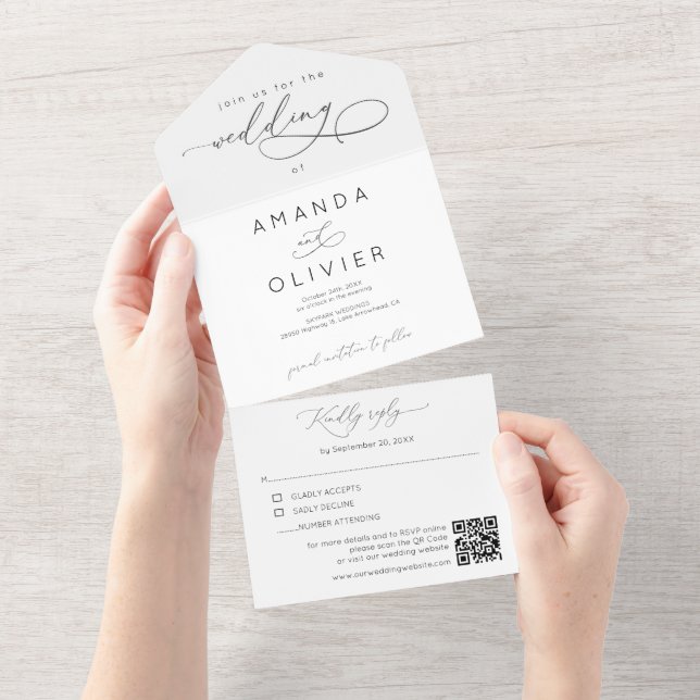 Invitation Tout En Un Mariage moderne élégante calligraphie noir et blan (Déchirure)