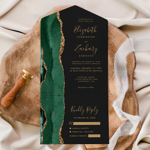 Invitation Tout En Un Mariage Moderne Émeraude Vert Or Agate Sombre