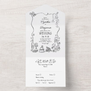 Invitation Tout En Un Mariage Moderne Fantaisiste avec Dessins à la Main