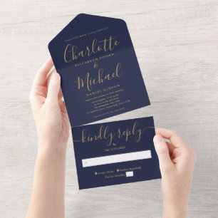 Invitation Tout En Un Mariage Moderne Minimaliste Bleu Nuit Or Script