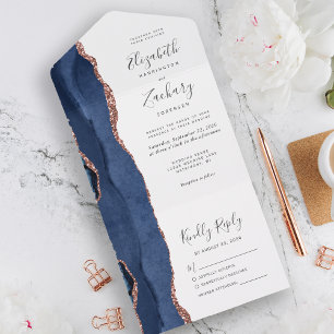 Invitation Tout En Un Mariage Moderne Navy Blue Or Rose Agate