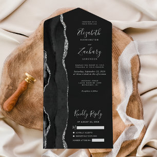 Invitation Tout En Un Mariage Moderne Noir Argent Agate Sombre