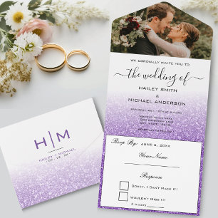 Invitation Tout En Un Mariage Moderne Photo Blanc et Violet Pailleté Omb