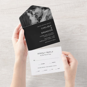 Invitation Tout En Un Mariage Moderne Photo Monogramme Noir