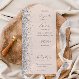 Invitation Tout En Un Mariage Moderne Rose Pâle Paillettes Argentées
